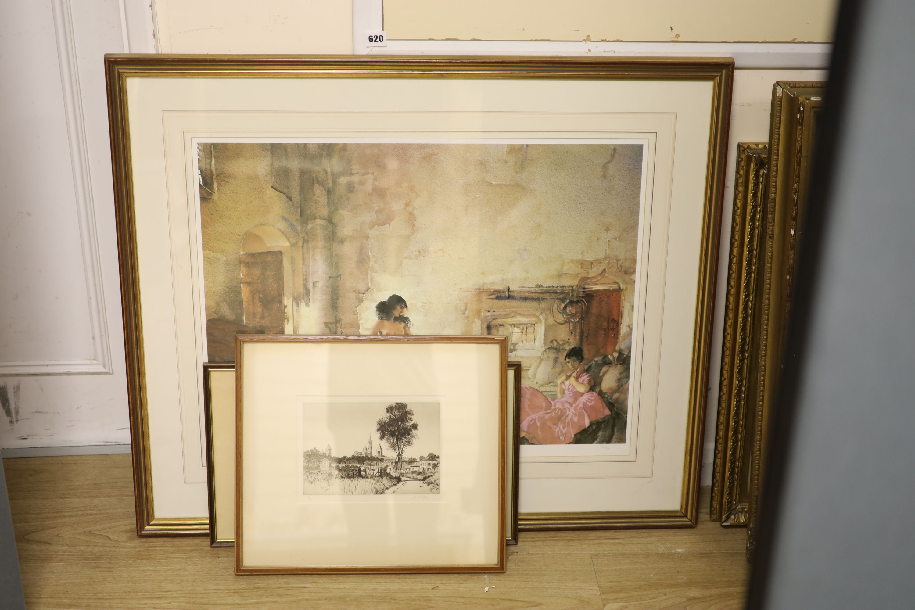 Sir William Russell Flint, limited edition print, Interior with models, 363/850, 52 x 68cm, two other Flint prints and an etching by Samuel Chamberlain